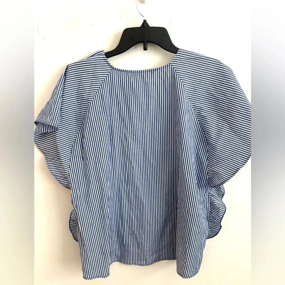Zara Blouse XL Fairycore Peasant Blue White Stripe Ruffle Sleeve Cottagecore - Picture 3 of 7